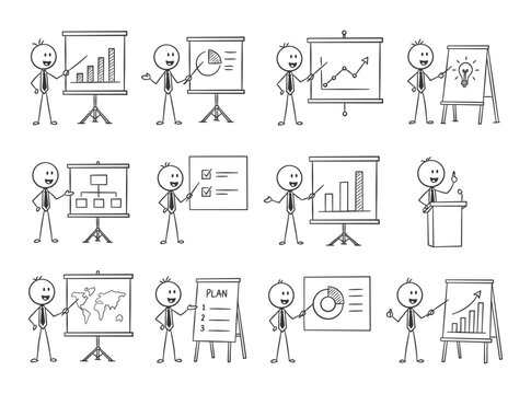 Business Presentation Stick Figure Doodle Set Hand Drawn Office Training Strategy and Analytics Vector Illustration Collection