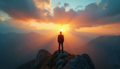 Fototapeta premium Man in suit stands on mountain peak at sunrise. Sun rays break through clouds. He looks out over valleys. Symbolizes achievement and future.