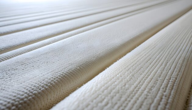 Macro close up view of white memory foam mattress surface showing detailed textured ridges and soft synthetic material fibers in perspective angle