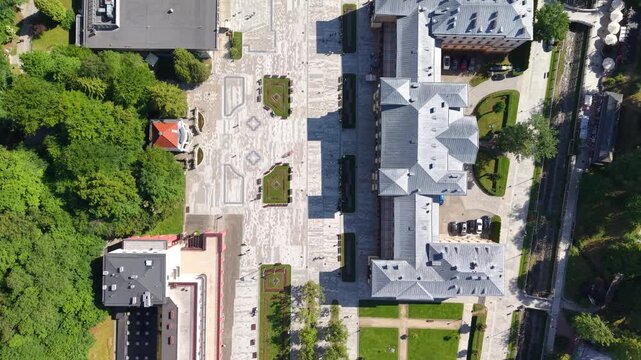 Top down aerial view of deptak (promenade) in Krynica Zdroj town, Poland