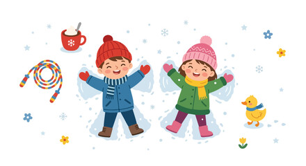 Two happy children in winter clothes are making snow angels on the ground surrounded by snowflakes, a hot cocoa mug, and a little duck.