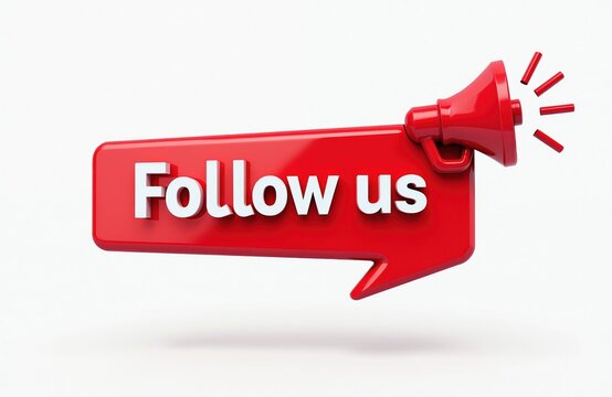 Red speech bubble megaphone shape reads Follow us text. Invitation to connect, interact, join online community. Call to action graphic for social media, websites, branding.
