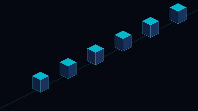 Five blue isometric cubes aligned along a diagonal line on black background