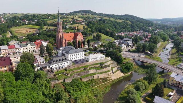 Drone shot of Grybow town in the Nowy Sacz County, Lesser Poland Voivodeship