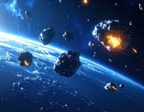 An asteroid field approaches the Earth, with some asteroids burning bright with internal fires as they hurtle through space towards the planet.
