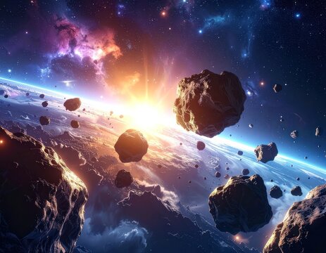A celestial panorama unfolds with a bright sun illuminating a planet's atmosphere, surrounded by numerous asteroids in the vast expanse of space.
