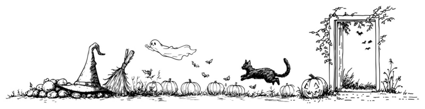 Witch hat and black cat with ghost and pumpkins near magical doorway in sketch style