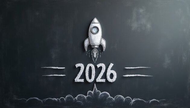 Rocket launching from 2026 on blackboard. Year 2026 signifies new start, future progress and innovation. Space exploration, tech breakthrough concepts.