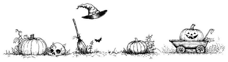 Halloween pumpkin in wooden wagon with floating witch hat and broomstick in vintage engraving style © Kaz