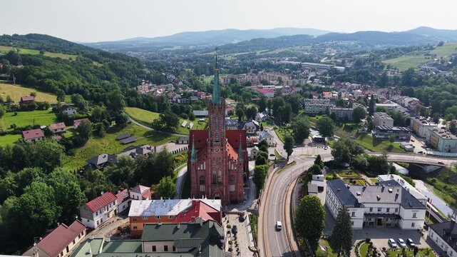 Flight over Minor Basilica of Saint Catherine of Alexandria in Grybow, Poland