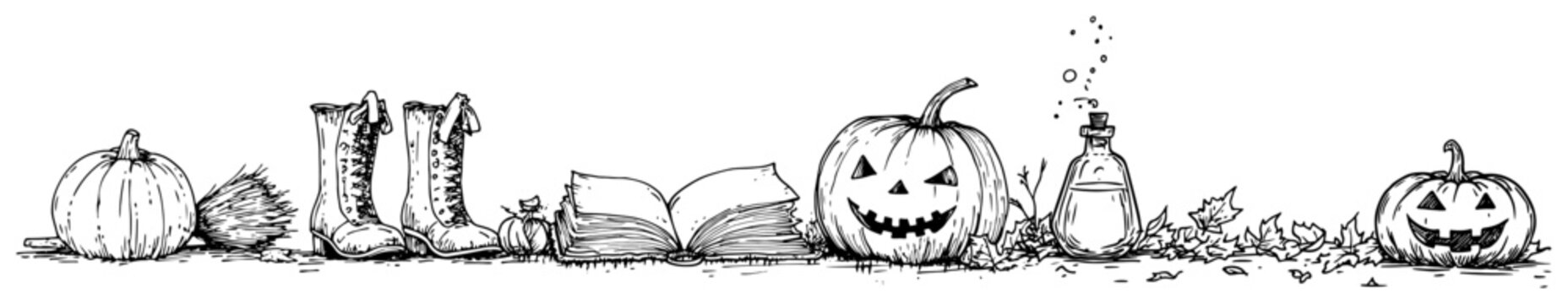 Halloween witch boots and open spell book with jack-o-lanterns and magic potion in hand drawn ink sketch style