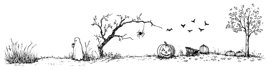Obraz premium Halloween scene with spooky ghost spider on dead tree and jack o lanterns in ink style