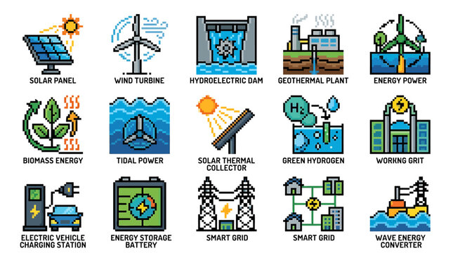 Comprehensive Set of Sustainable Energy Power Generation Technology and Renewable Resource Icons Collection