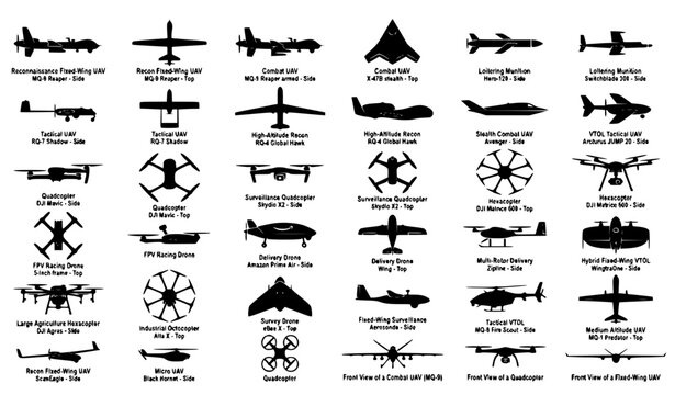 Military and Commercial Drone Silhouette Set with Quadcopters, Surveillance UAVs, Reconnaissance Aircraft, Hexacopters, and Delivery Drones for Technology Graphic Designs