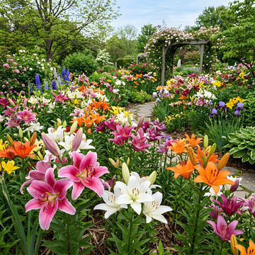 Colorful garden blooming with vibrant flowers and plants.
