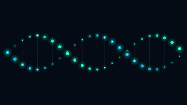 A glowing cyan digital dna double helix structure against a black background