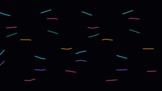 Abstract composition featuring colorful neon dashes on a black background