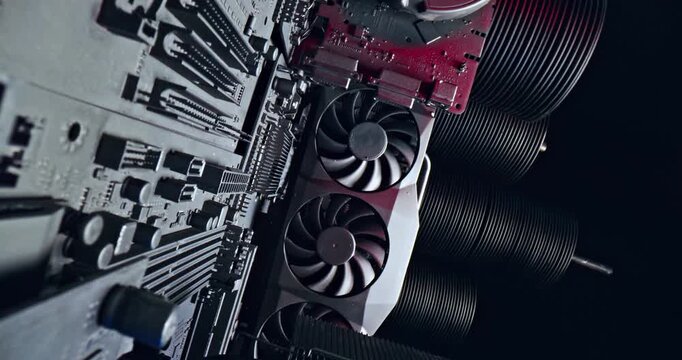 Working motherboards with heatsink and fans and graphics card