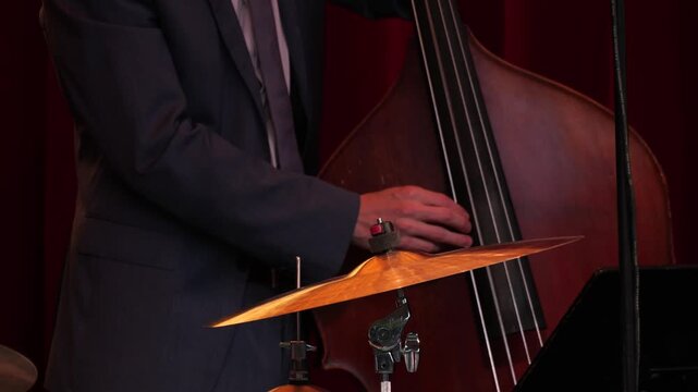 Close up of a musician playing double bass during a jazz concert