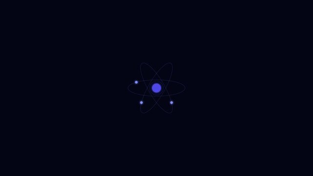 Minimalist blue glowing atom model isolated on a solid black background