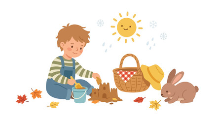 Fototapeta premium A young boy happily builds a sandcastle outdoors, surrounded by seasonal elements like autumn leaves, a picnic basket, and a friendly rabbit.