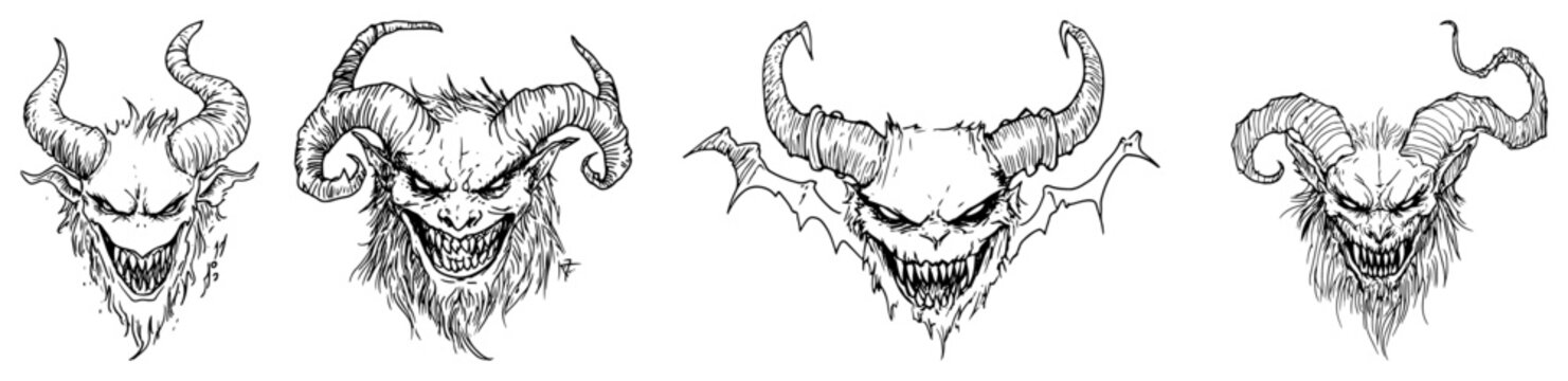 Halloween demon heads with horns and scary grins in hand drawn ink sketch style