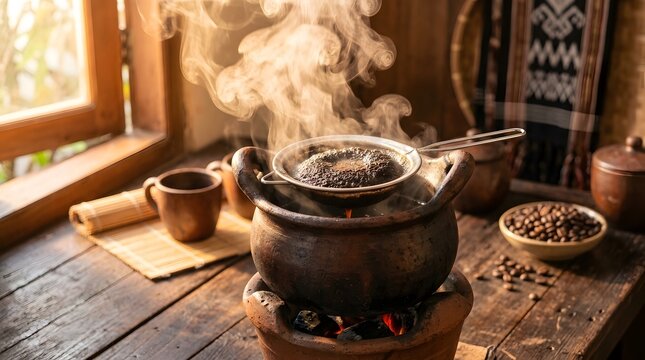 Traditional coffee brewing with steam rising from clay pot over coals
