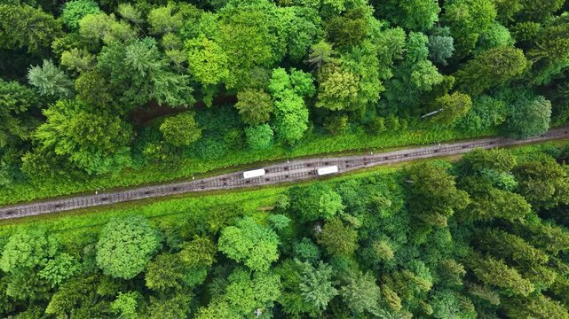 Top down view of funicular railway tracks in a mountain forest