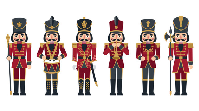 Set of six pixel art nutcrackers in ornate military uniforms, holding staffs and scepters, isolated on white, festive Christmas characters