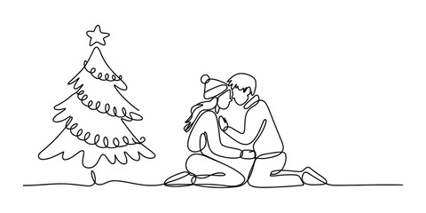 Obraz premium Continuous line drawing of a romantic couple sitting together next to a decorated christmas tree for the winter holiday season celebration illustration Vector, illustration