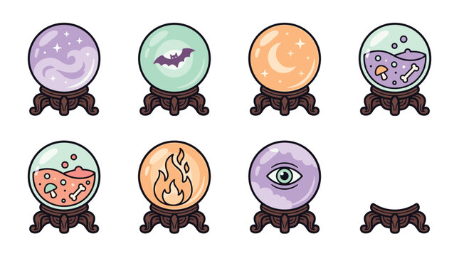 Set of eight pixel art fortune telling crystal balls with magical elements and potions, perfect for Halloween or fantasy designs