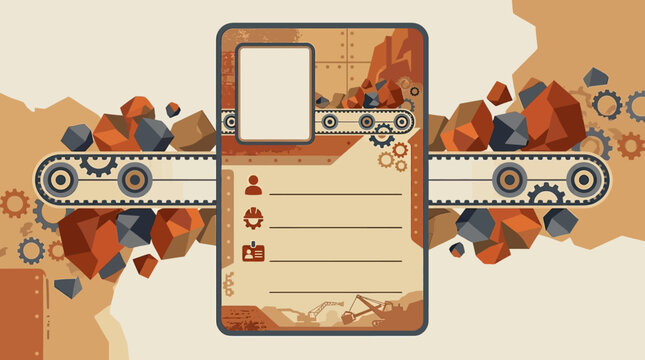 Steampunk industrial card template with gears and conveyor.