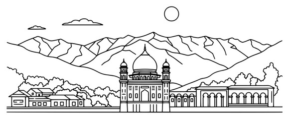 Mughal architecture dome building with scenic mountain range background line art © Logan