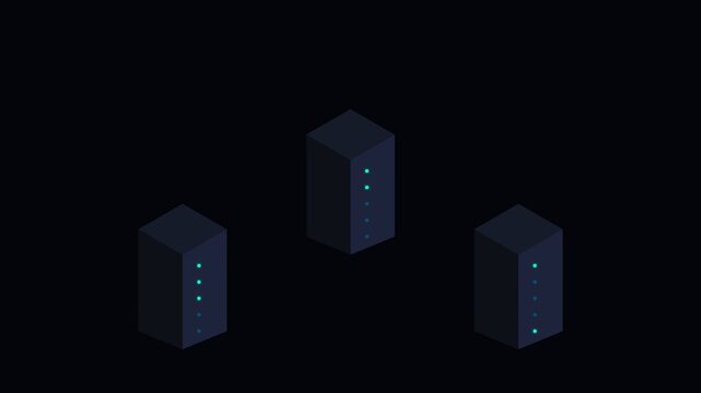 Three isometric server towers glowing against a deep black background