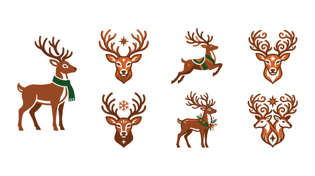 Set of pixel art reindeer illustrations with decorative elements, isolated on white background, perfect for Christmas and winter holiday designs