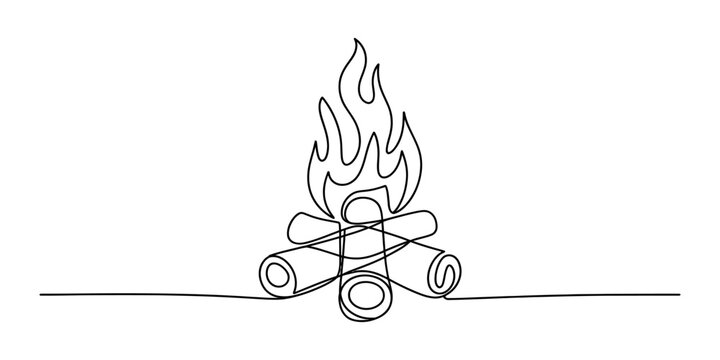 A single continuous line drawing of a burning campfire with wood logs and flickering flames created in a simple minimalist style for creative design projects Vector, illustration