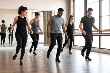 Fototapeta premium Tap Dancers Rehearsing Together in Bright Studio
