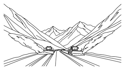 Snow plows clearing mountain road after heavy blizzard minimalist line art style © Logan