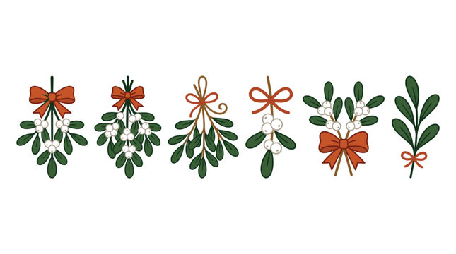 collection of mistletoe sprigs with red bows, Christmas holiday decoration elements, winter festive decor, seasonal celebration symbols