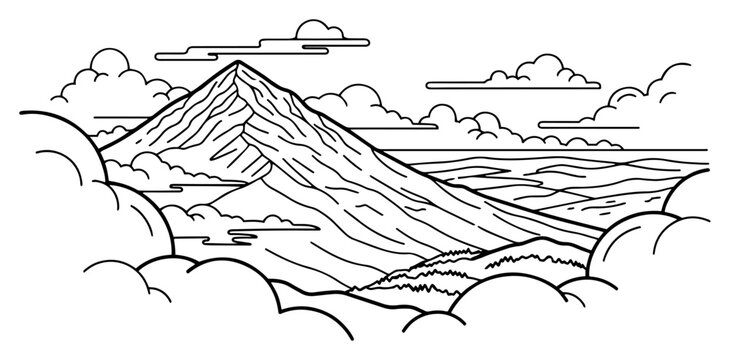 Mountain peak rising above clouds and rolling hills minimalist line art style