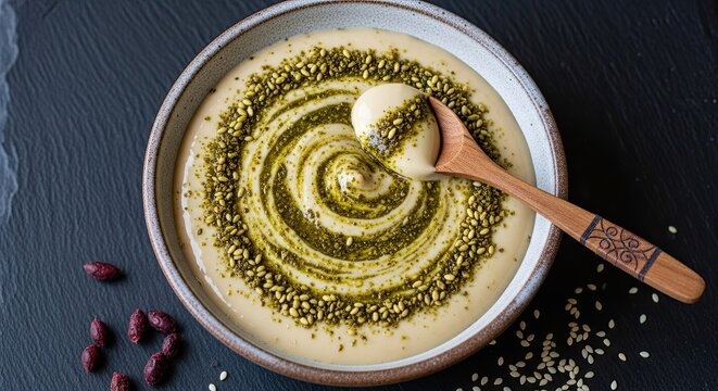 Creamy Hummus Bowl with Pistachio Drizzle and Sesame Seeds, Overhead Shot