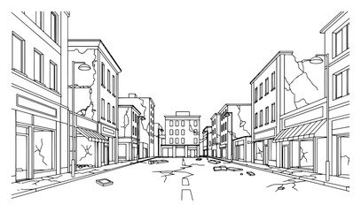 Destroyed city street with ruined buildings and debris after war in line art style © Logan