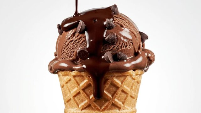 Delicious chocolate ice cream cone with drizzling hot fudge and chocolate chips against a white backdrop