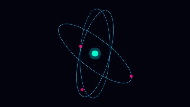 Minimalist representation of an atom structure with glowing orbital rings