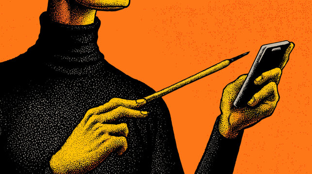 Illustration of a person holding a phone and pencil, with an orange background