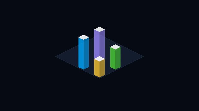 Minimalist isometric bar chart with four colorful data columns on black