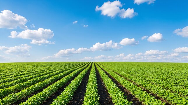 Lush Green Agricultural Field with Crop Rows Under Bright Blue Summer Sky, Scenic Rural Farm Landscape Showcasing Nature, Farming, Growth and Countryside Beauty