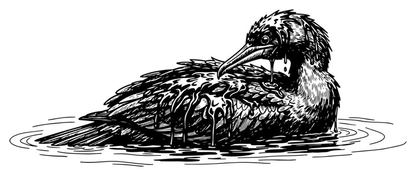 Sea bird covered in toxic oil spill in ocean engraving style