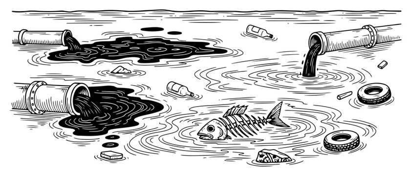 Water pollution with waste pipes dead fish and floating trash minimalist line art style