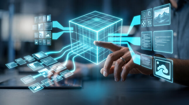 Machine learning developer using holographic training dataset for AI model concept